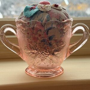 Elegant Pink Glass Sugar Bowl with Floral pincushion